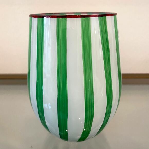 Cabana Green Striped Stemless Wine Glasses 17oz Set of 2 Holiday BarwareNEW - Picture 7 of 12